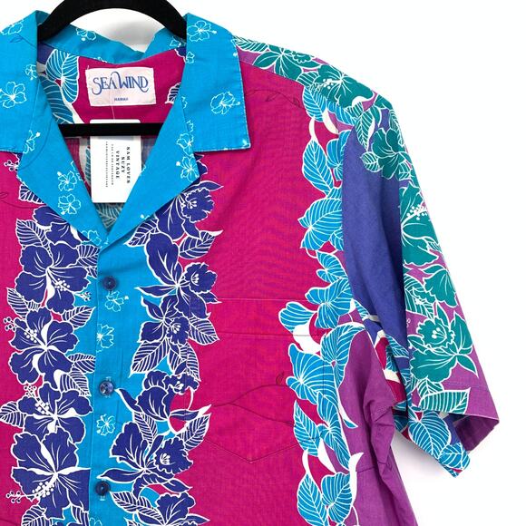 Vintage Sea Wind Aloha Shirt Mens Size XL Blue Pink Striped Floral Print *FLAW - Picture 3 of 7